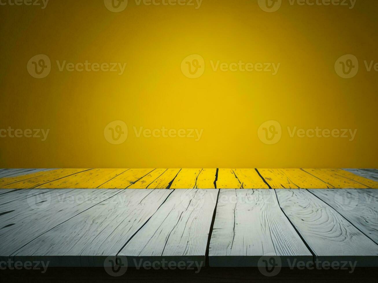 Wooden table and blur tropical Yellow Color background, product display montage. High quality photo 8k FHD AI generated