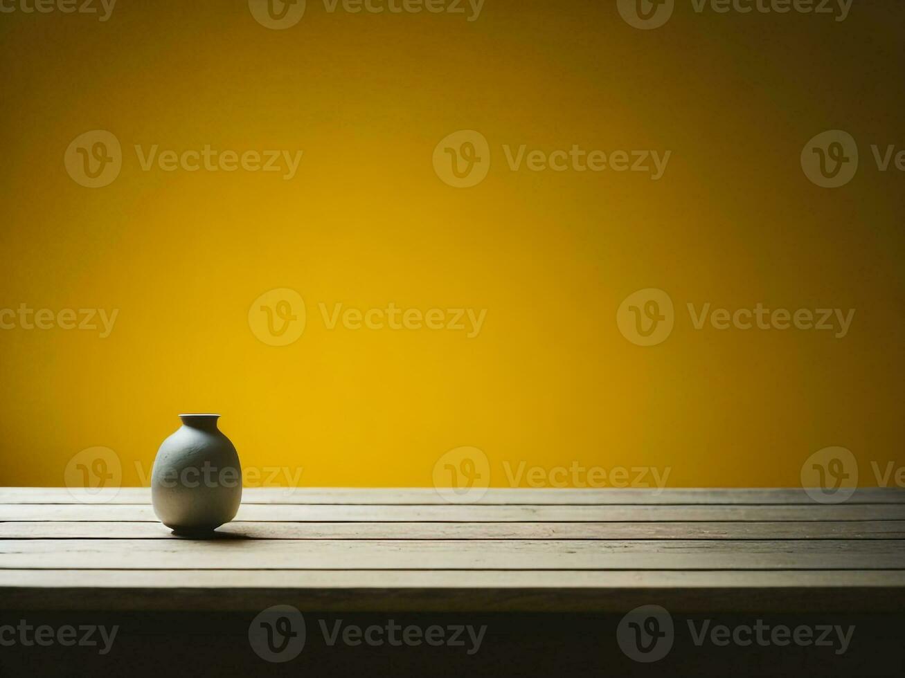 de madera mesa y difuminar tropical amarillo color fondo, producto monitor montaje. alto calidad foto 8k fhd ai generado