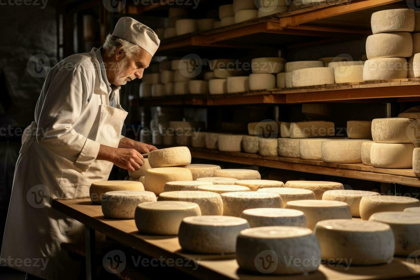 Round heads of cheese on wooden shelves in storage. Traditions of cheese making and sale of fresh product. photo