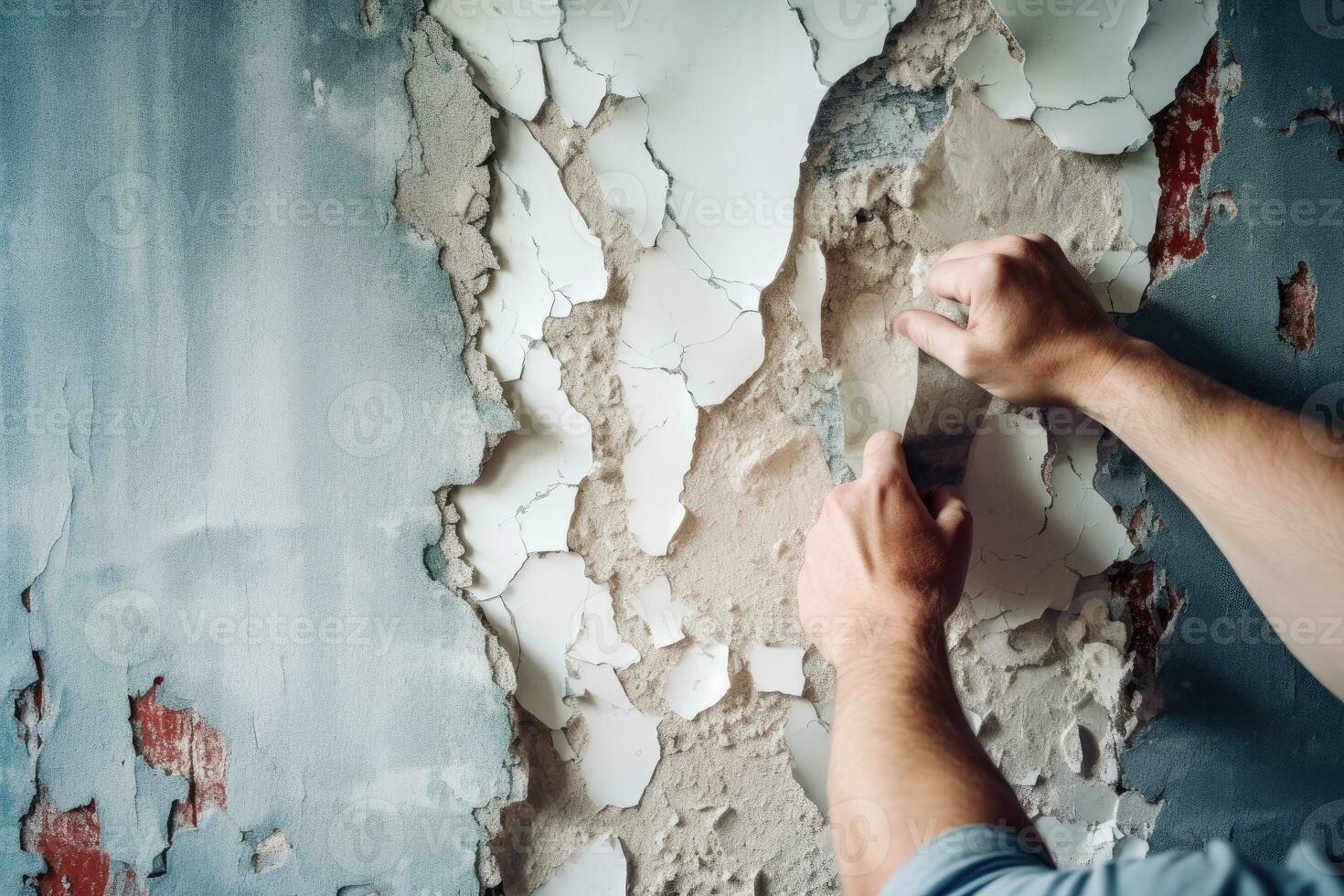 Old peeling paint on a wall, remodel renovation in an apartment photo