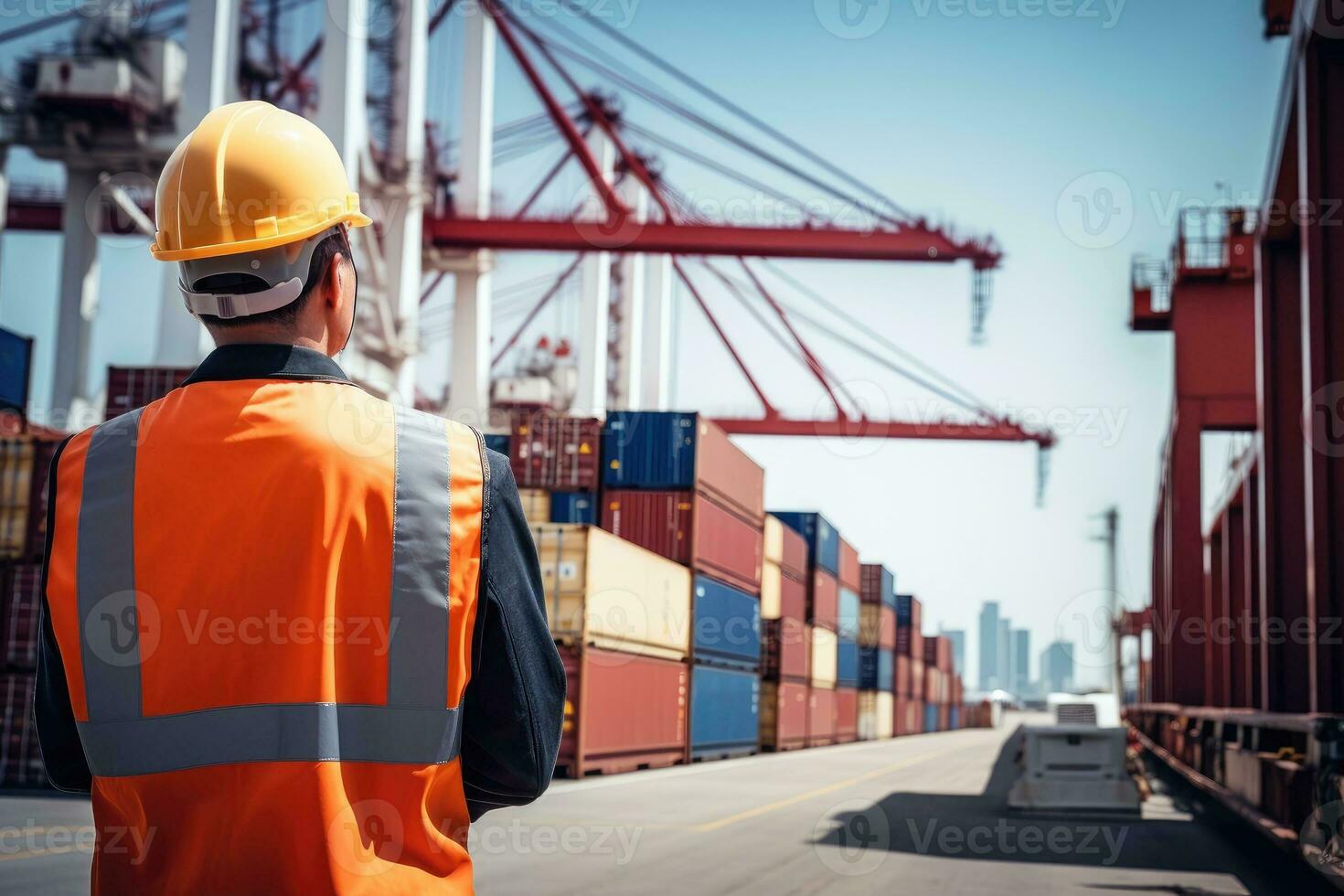Logistics engineer control at the port, loading containers for trucks export and importing logistic. photo