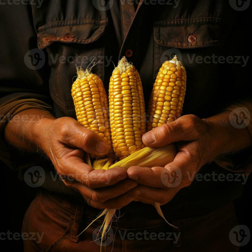 Farmer agronomist holding corn ear photo