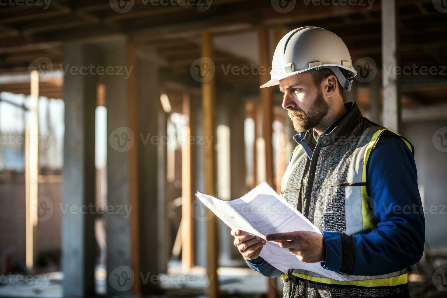 Professional engineer in protective helmet and blueprints paper at house building construction site. photo