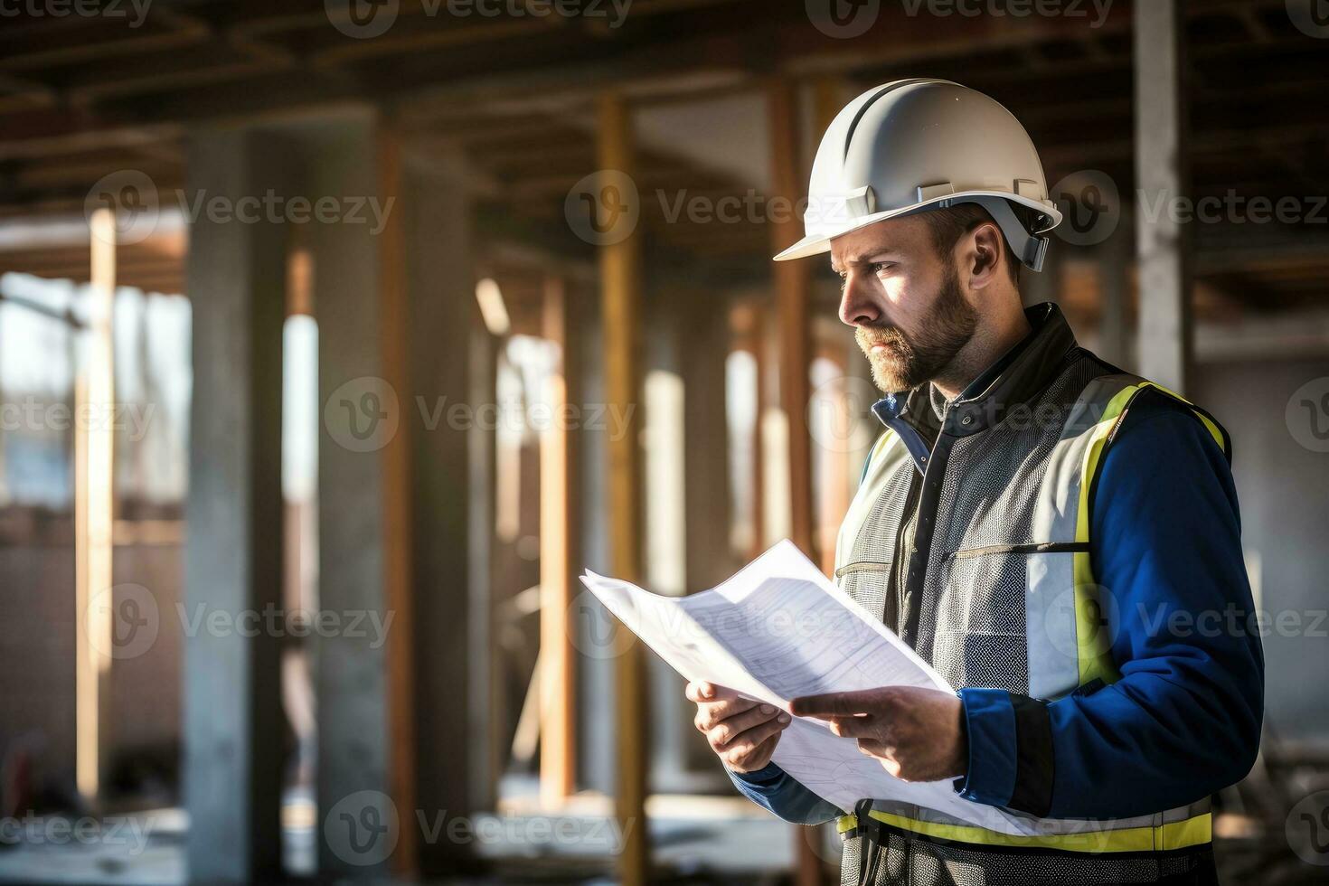 profesional ingeniero en protector casco y planos papel a casa edificio construcción sitio. foto