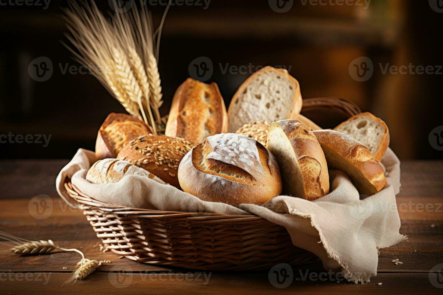 un pan y un montón de Fresco un pan bollos en un cesta en un de madera mesa foto