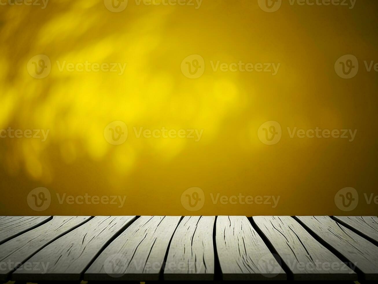 Wooden table and blur tropical Yellow Color background, product display montage. High quality photo 8k FHD AI generated