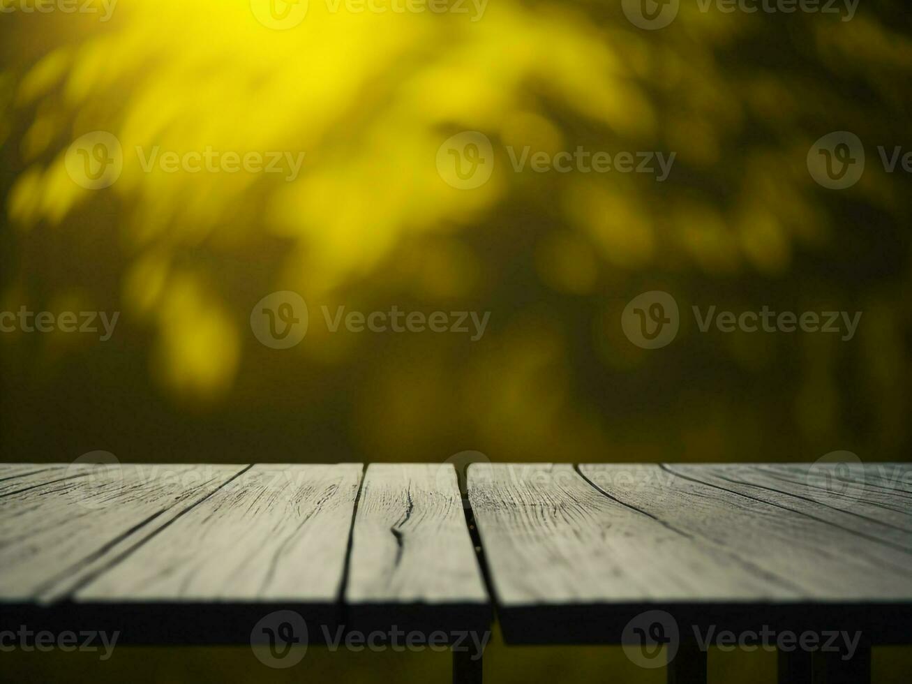 Wooden table and blur tropical Yellow Color background, product display montage. High quality photo 8k FHD AI generated