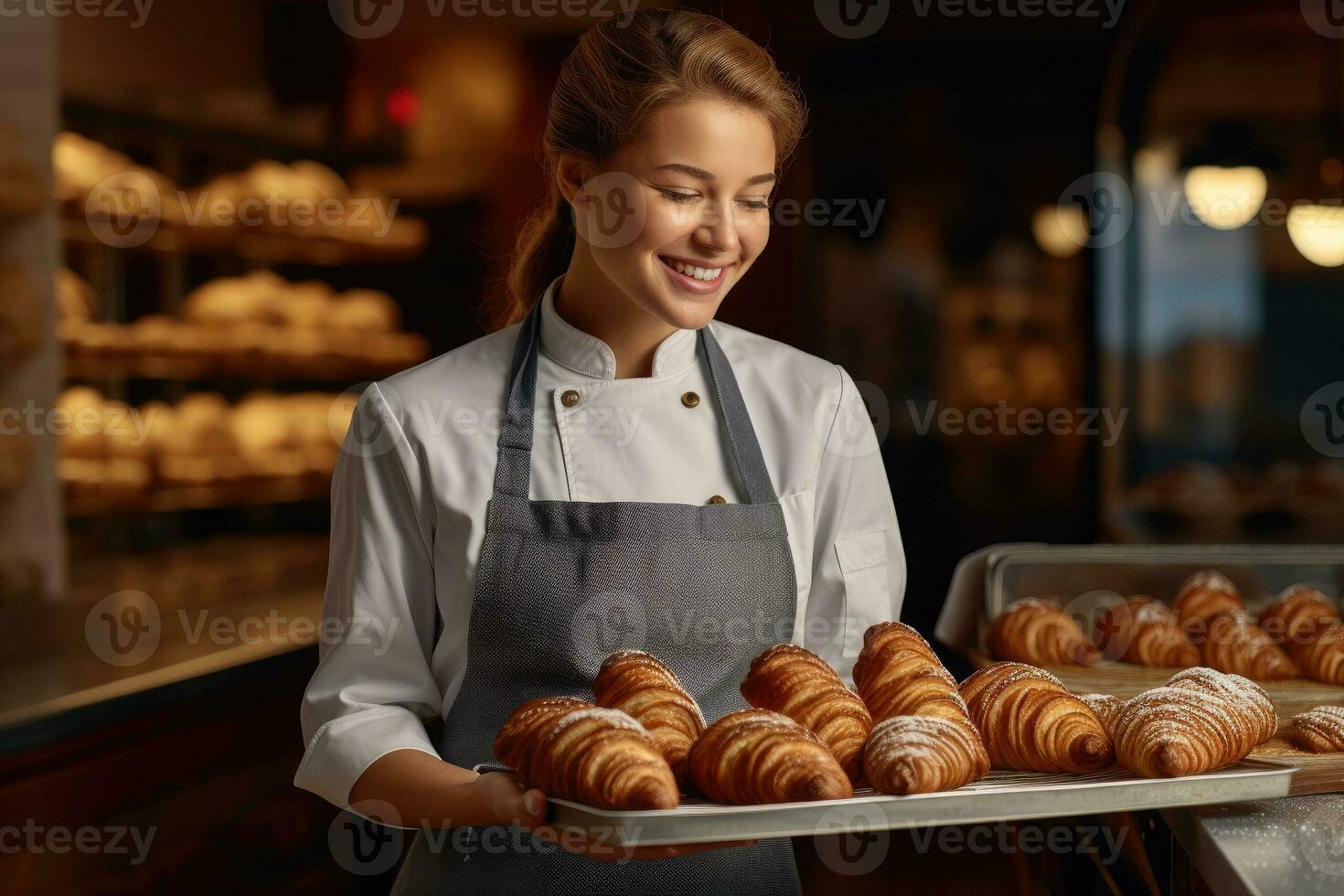 Close-up of a female baker holding a baker tray of sweet bread photo