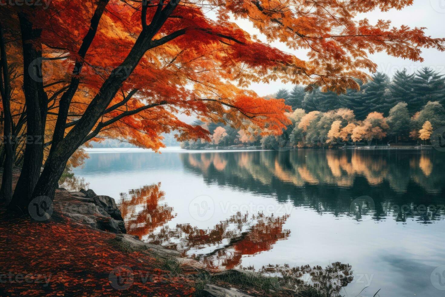 Autumn landscape with lake and trees photo