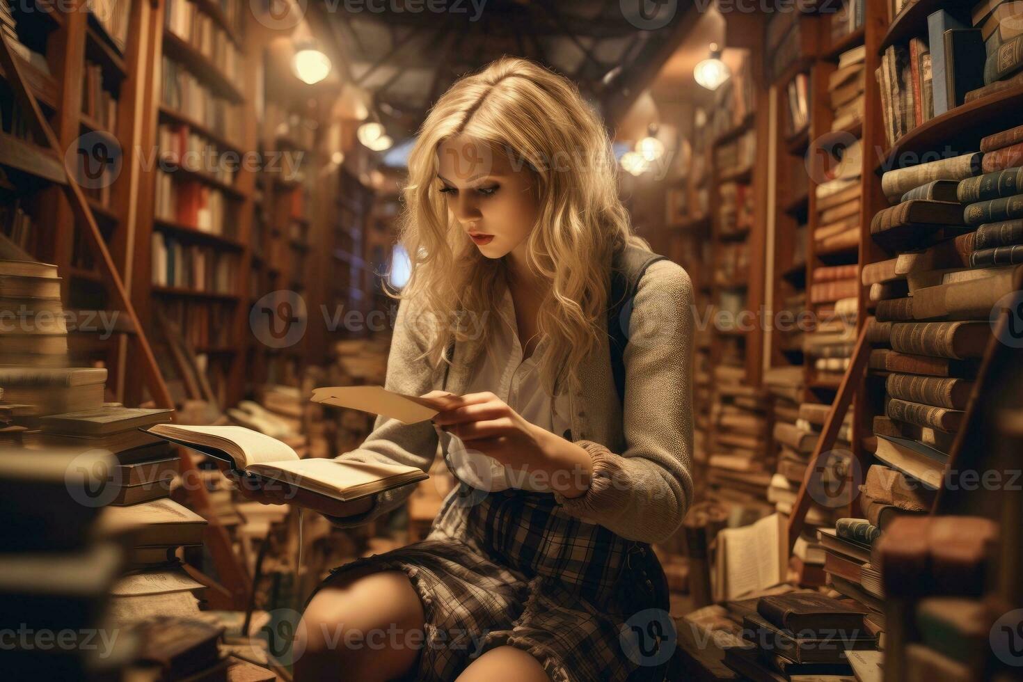 Student with stacks of books in library photo