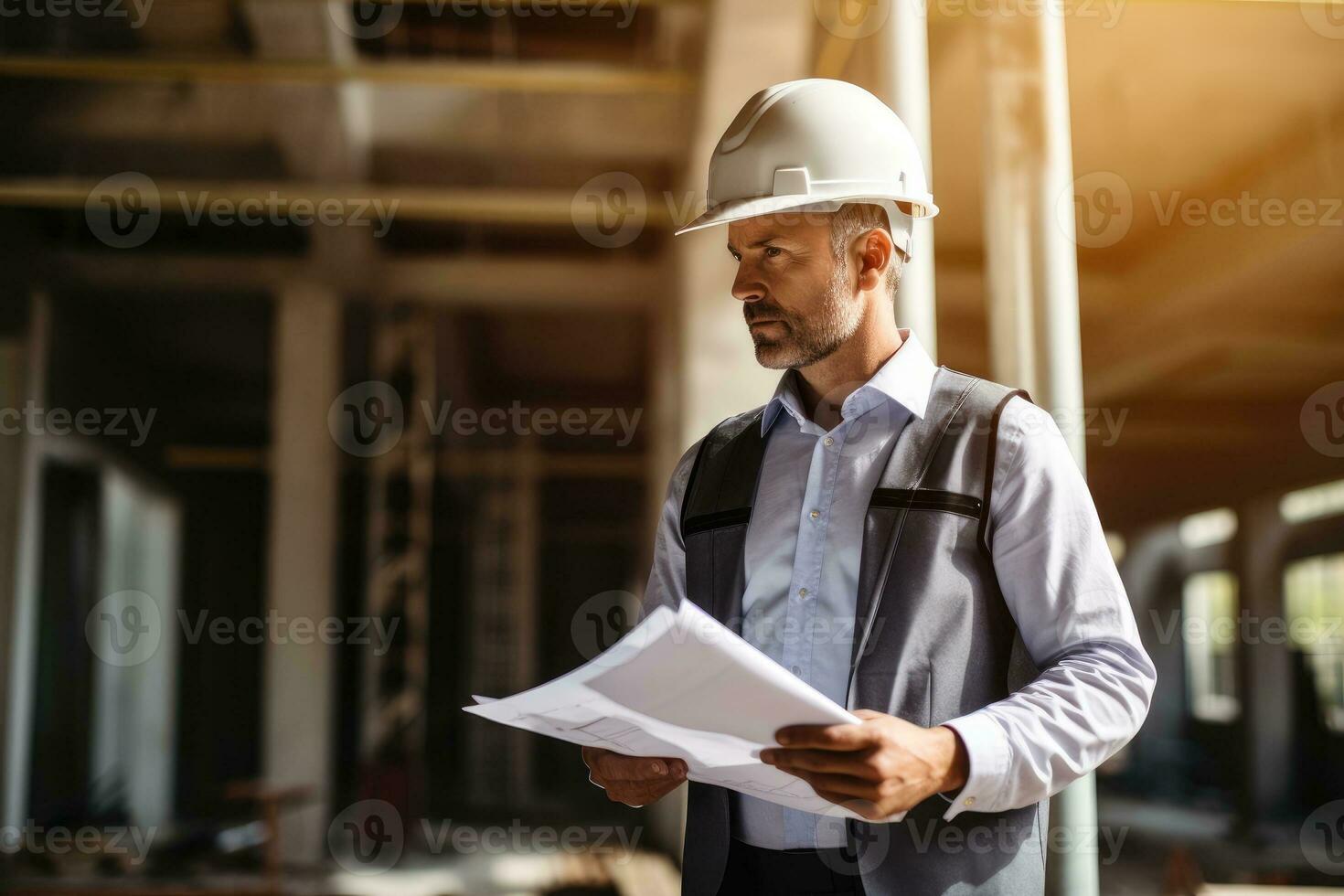 Professional engineer in protective helmet and blueprints paper at house building construction site. photo