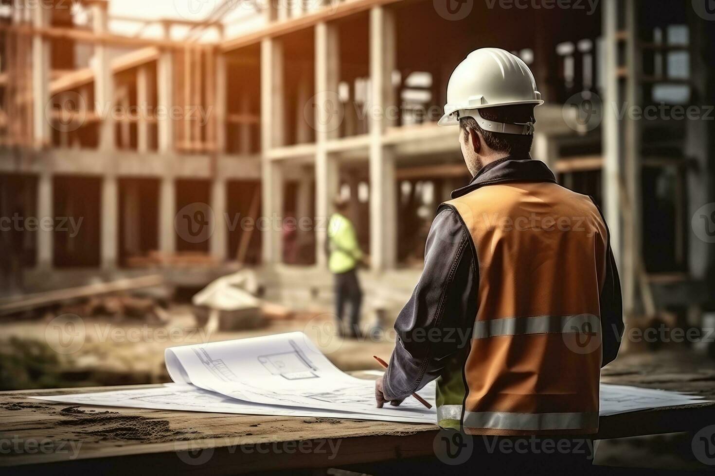 Professional engineer in protective helmet and blueprints paper at house building construction site. photo
