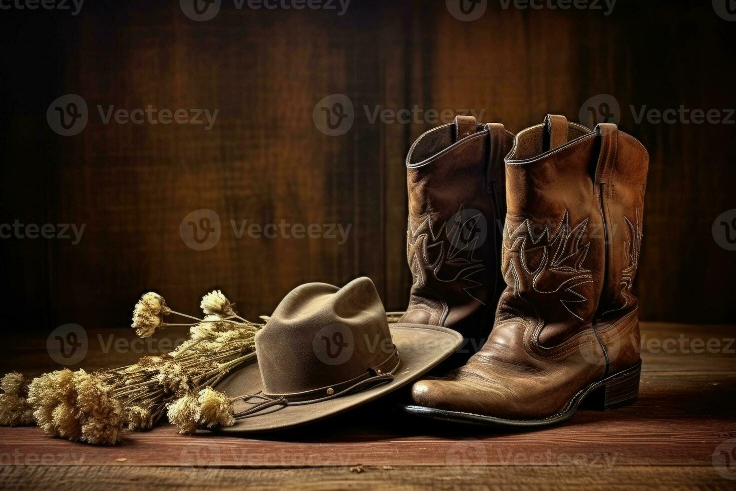 Cowboy boot and western hat on wooden background. photo