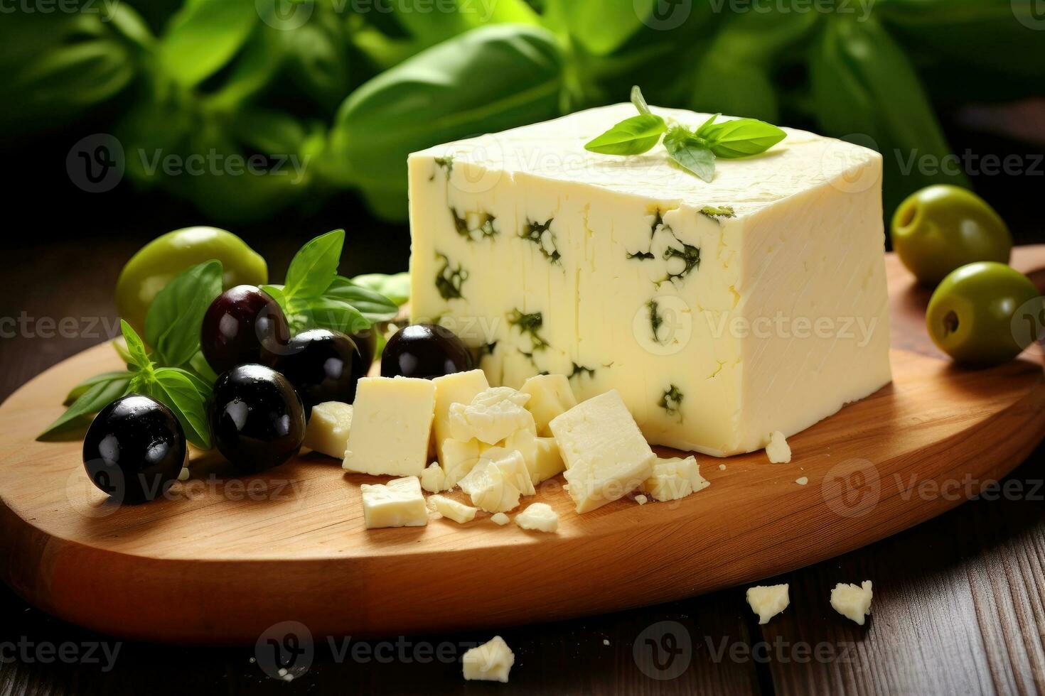 queso feta queso con aceitunas y albahaca en un el cortar tablero el más famoso griego queso. foto