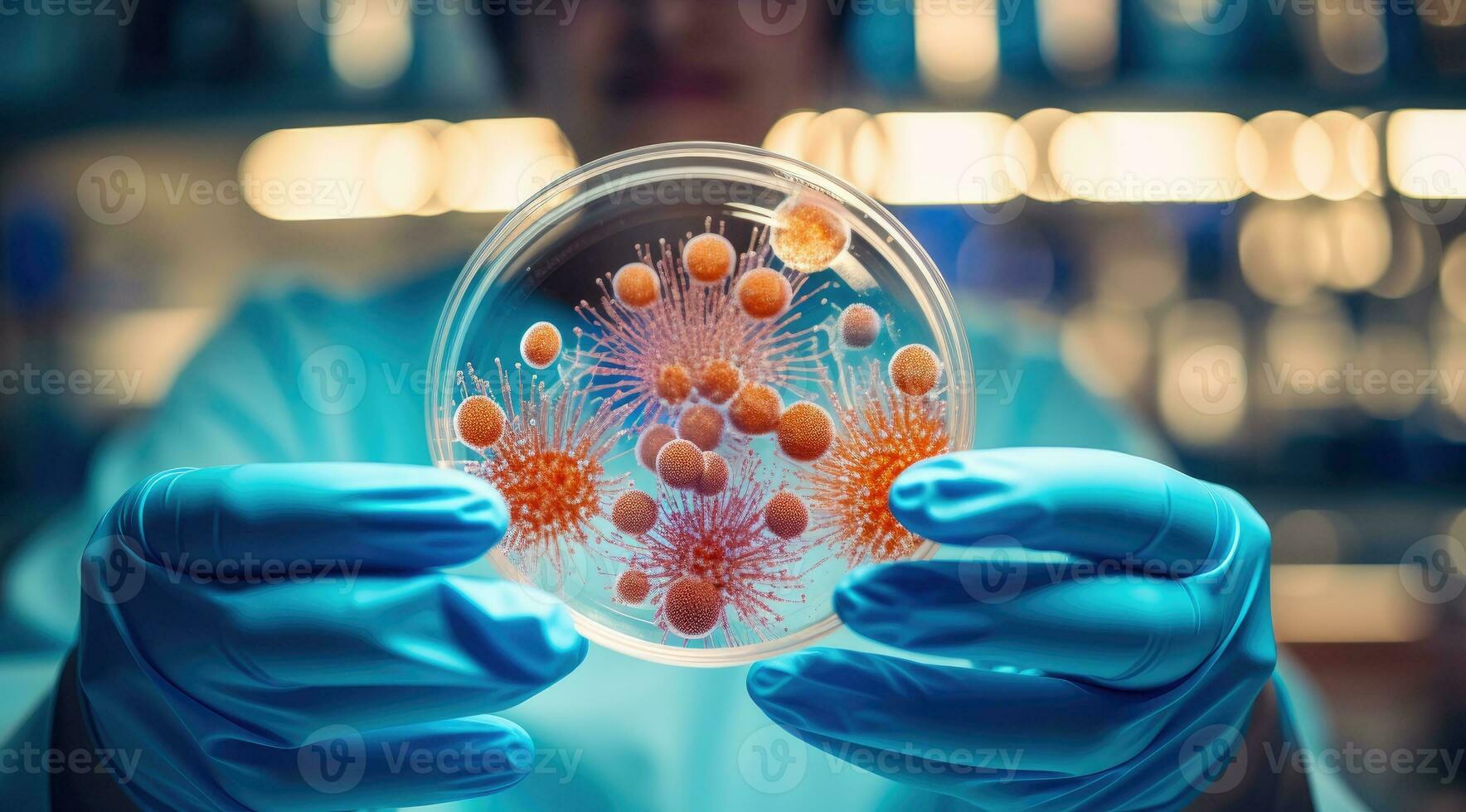 Close-up shot of lab worker holding bacteria dish photo