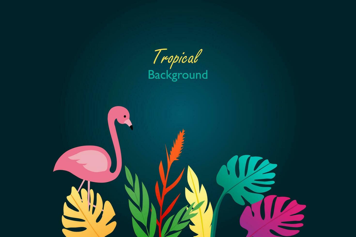 Tropical vector background with colorful leaves and pink flamingo. Abstract foliage and botanical background.