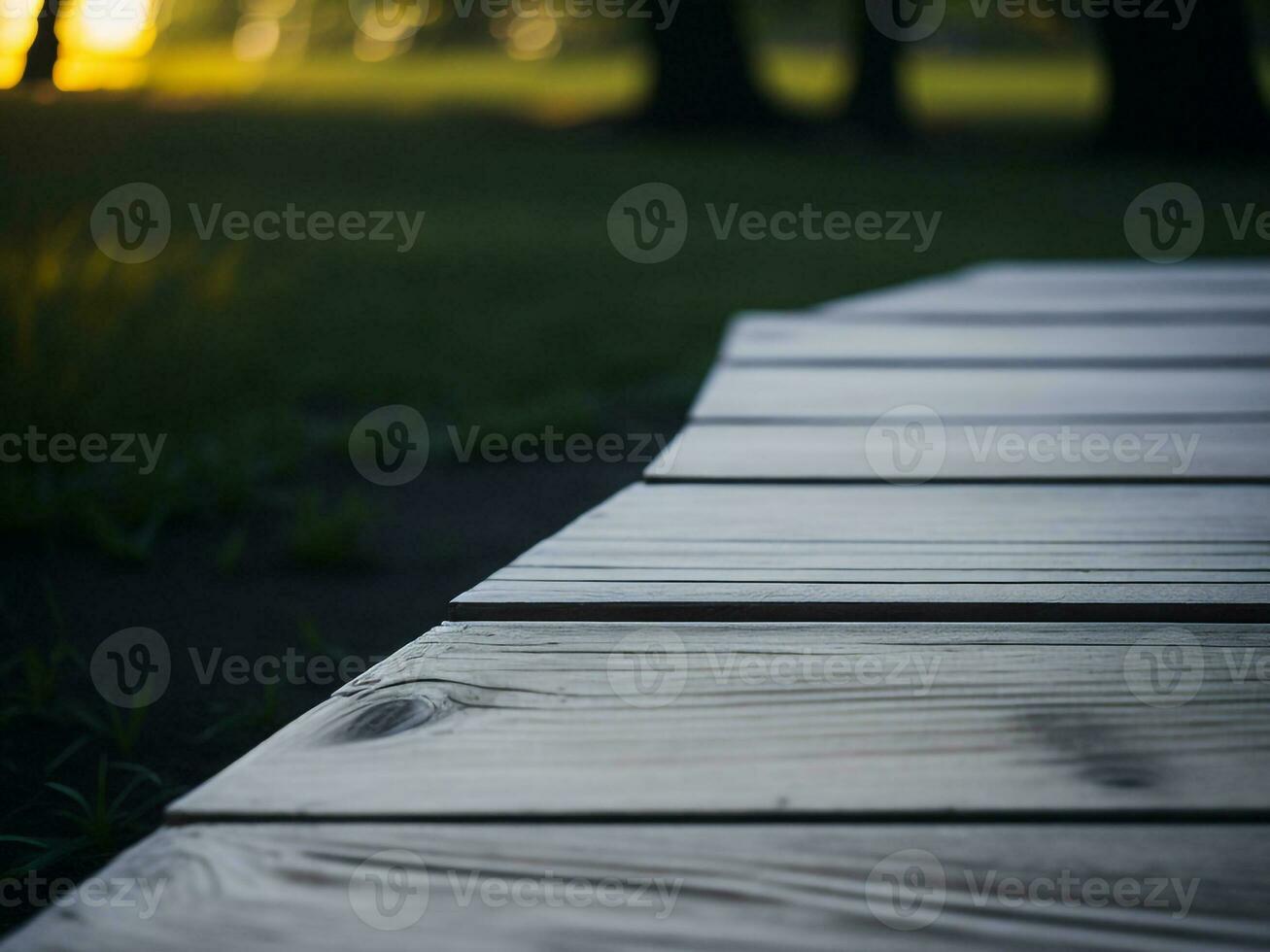 Wooden table and blur tropical Green color background, product display montage. High quality photo 8k FHD AI generated