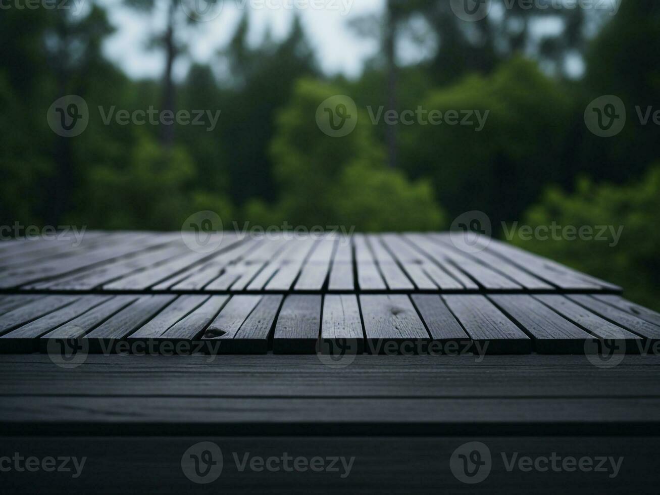 Wooden table and blur tropical Green color background, product display montage. High quality photo 8k FHD AI generated