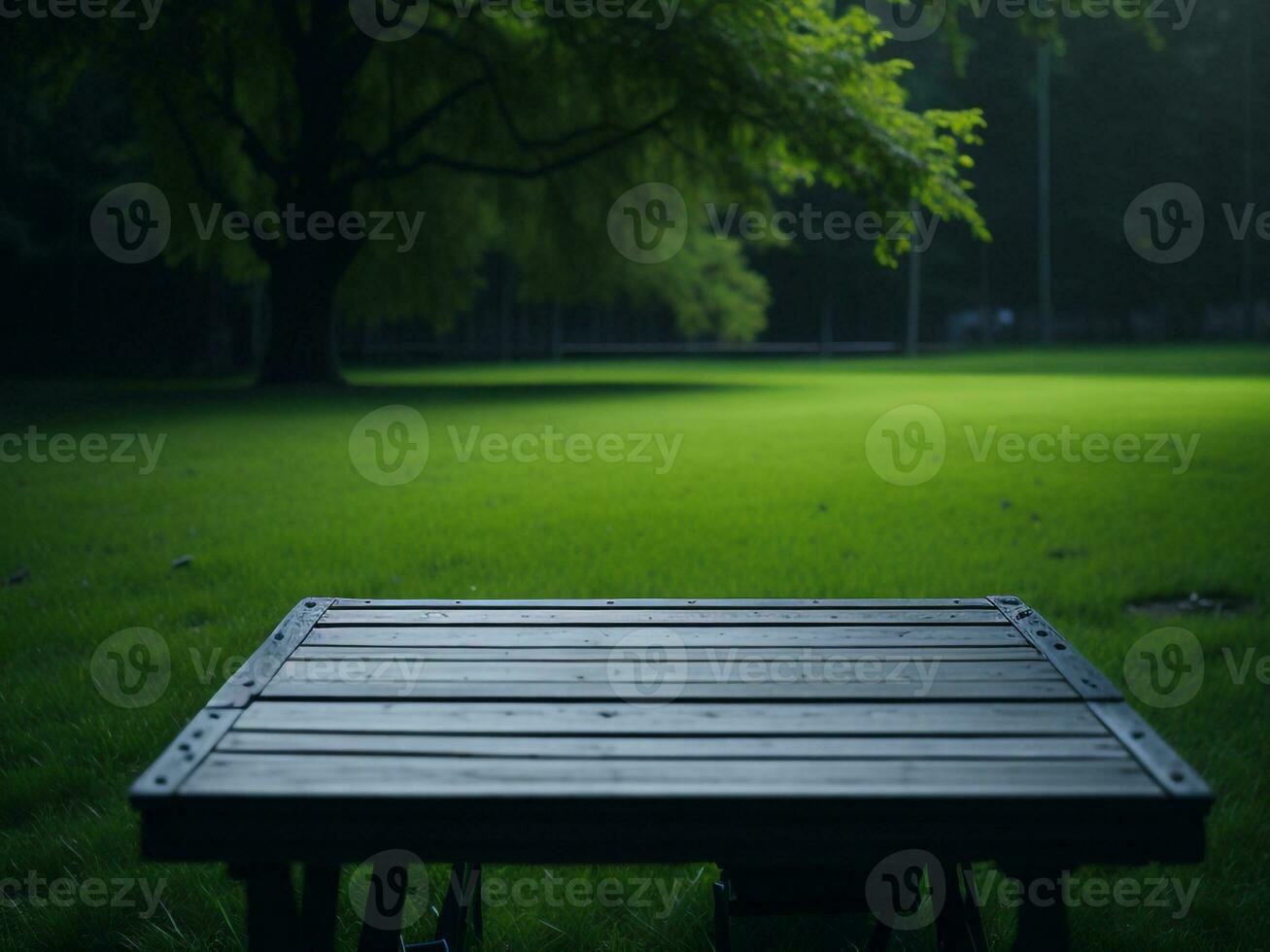 Wooden table and blur tropical green grass background, product display montage. High quality photo 8k FHD AI generated