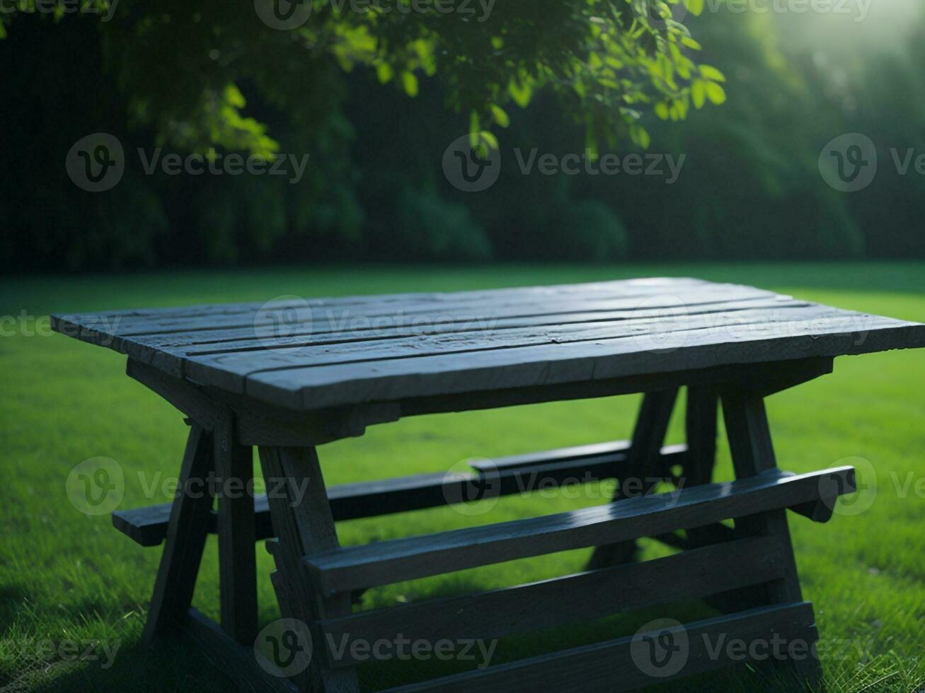 Wooden table and blur tropical green grass background, product display montage. High quality photo 8k FHD AI generated