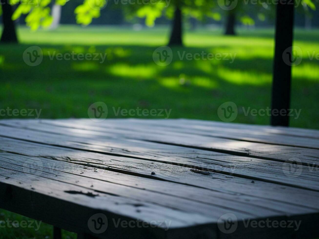 Wooden table and blur tropical green grass background, product display montage. High quality photo 8k FHD AI generated