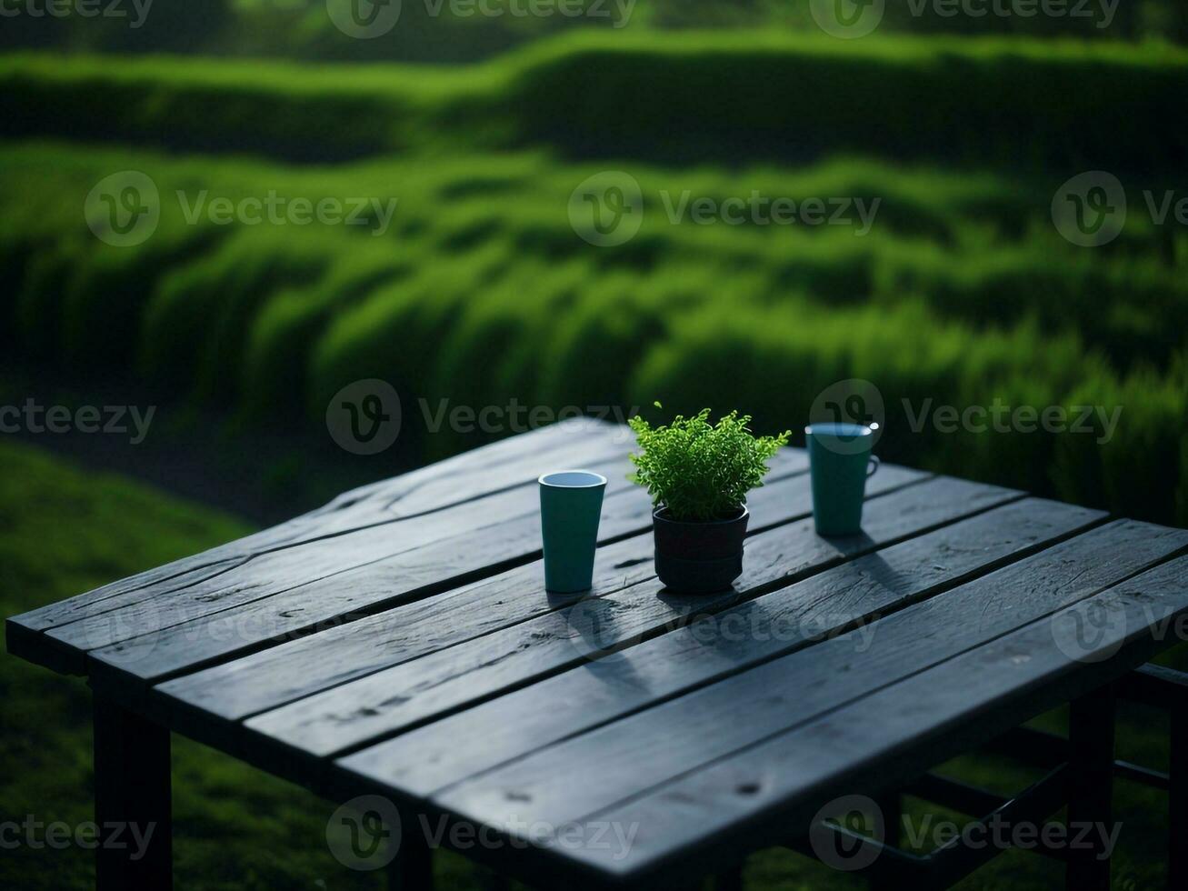 Wooden table and blur tropical green grass background, product display montage. High quality photo 8k FHD AI generated