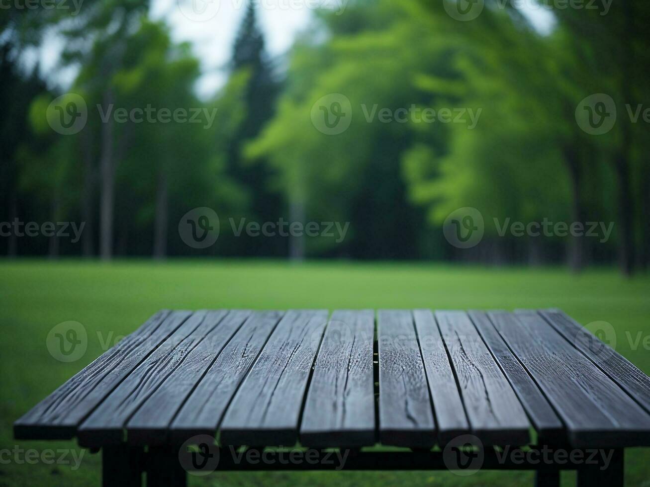 Wooden table and blur tropical green grass background, product display montage. High quality photo 8k FHD AI generated