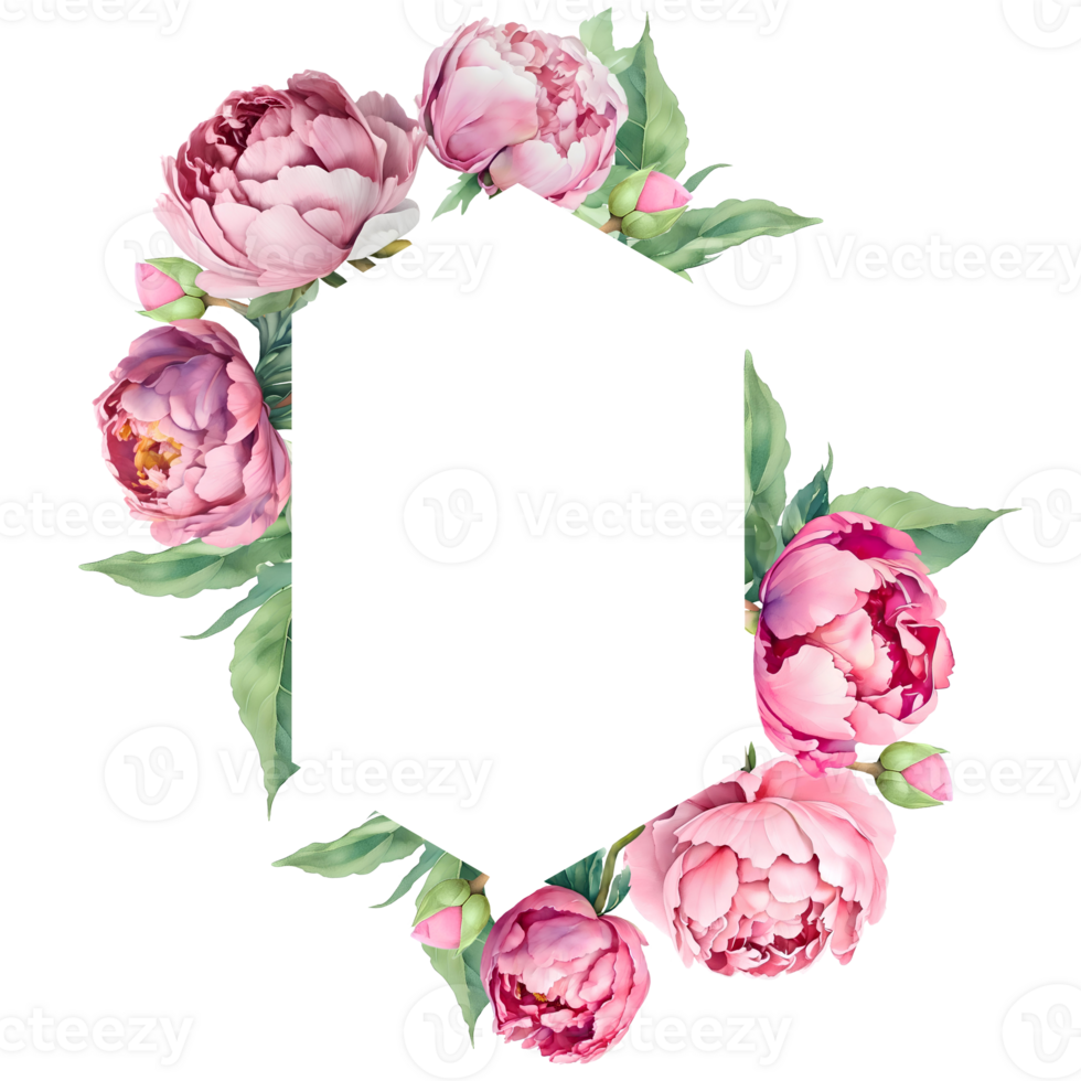Watercolor frame with pink peonies. Great for cards and wedding invitations. AI Generative png
