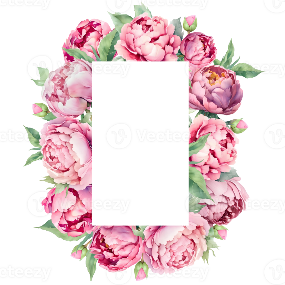 Watercolor rectangle vertical frame with pink peonies. Great for cards and wedding invitations. AI Generative png