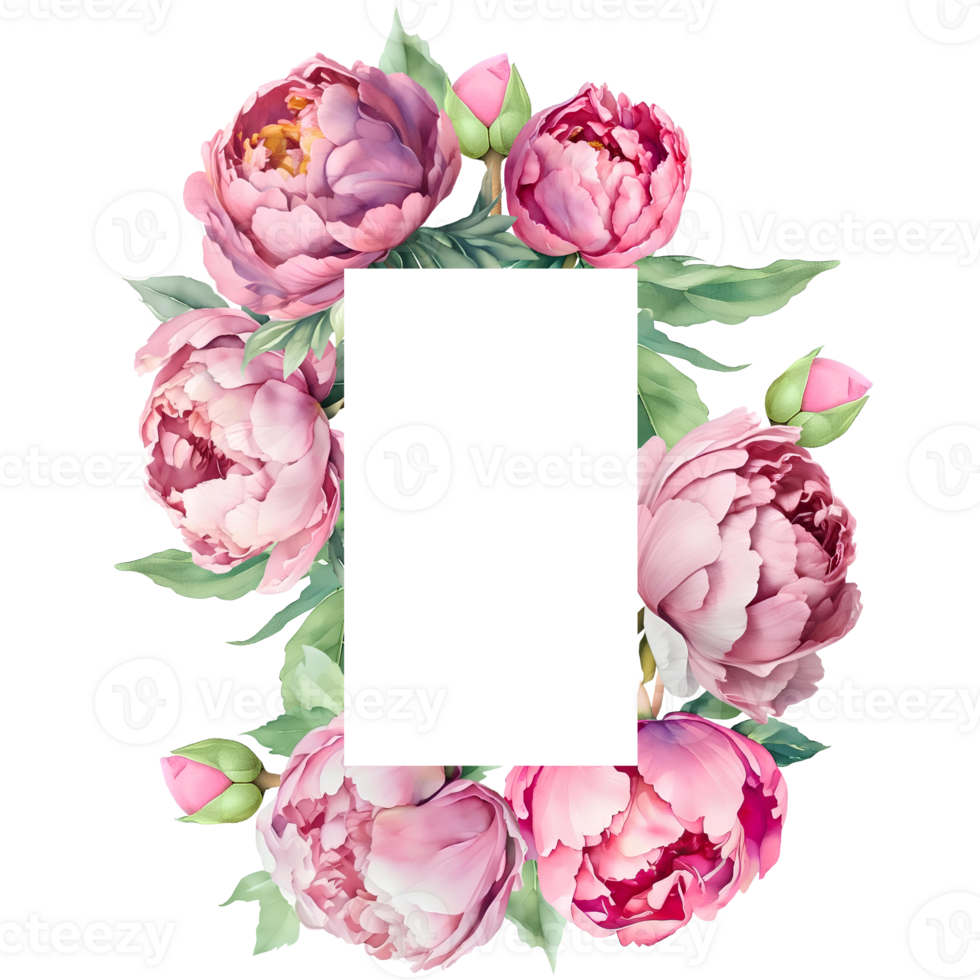 Watercolor rectangle vertical frame with pink peonies. Great for cards and wedding invitations. AI Generative png