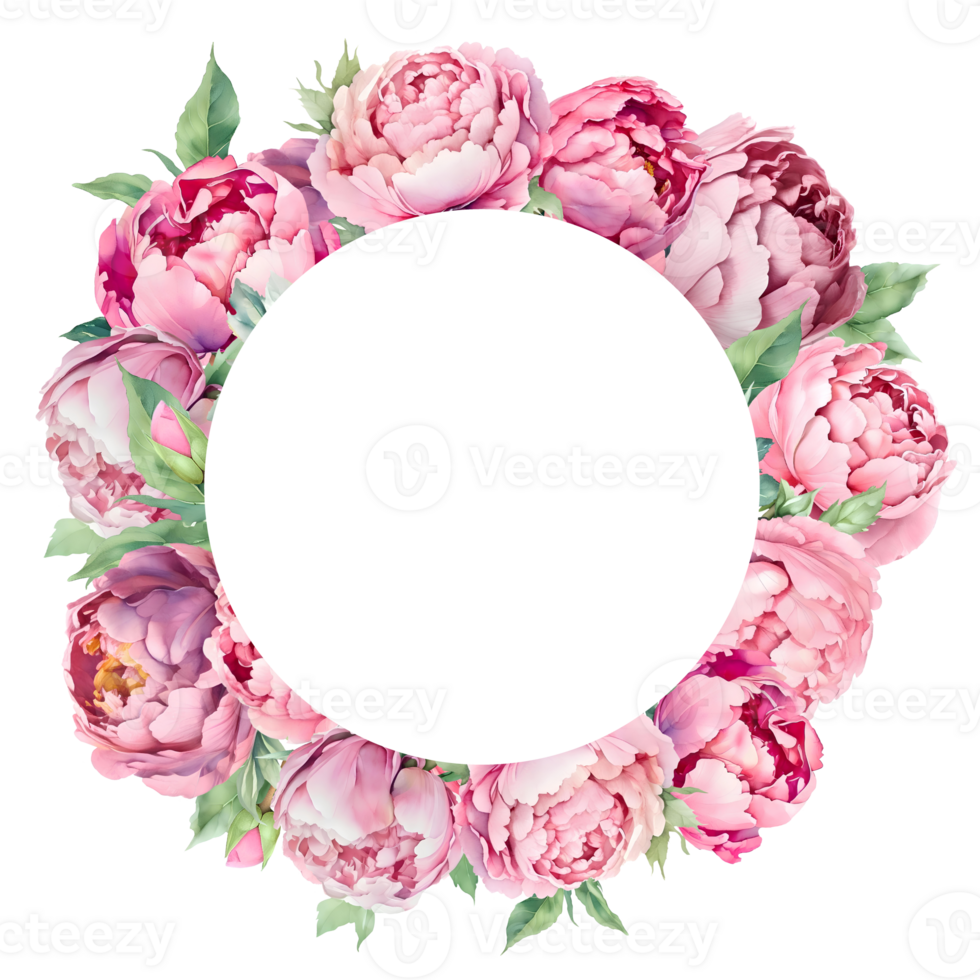 Watercolor circle frame with pink peonies. Great for cards and wedding invitations AI Generative png