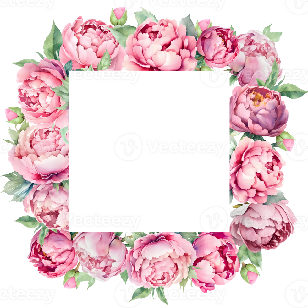 Watercolor square frame with pink peonies. Great for cards and wedding invitations AI Generative png