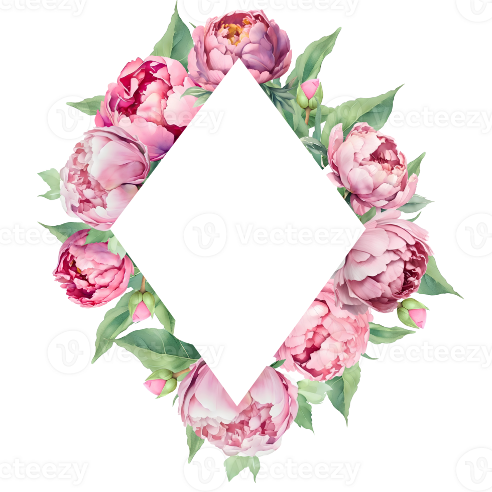 Watercolor rhombus frame with pink peonies. Great for cards and wedding invitations AI Generative png