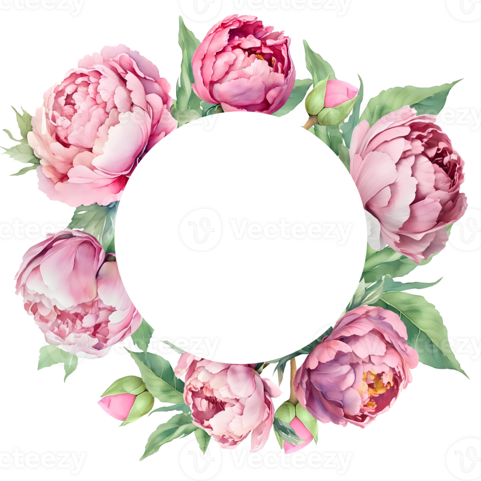 Watercolor circle frame with pink peonies. Great for cards and wedding invitations AI Generative png