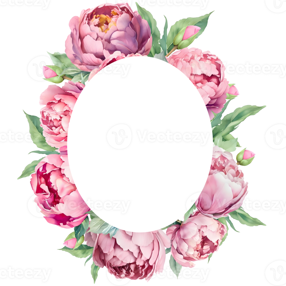Watercolor oval frame with pink peonies. Great for cards and wedding invitations. AI Generative png