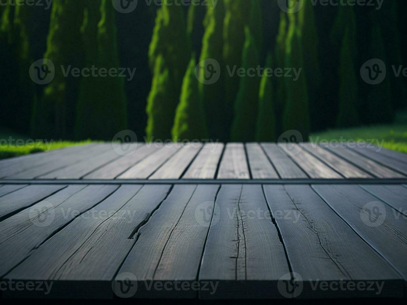 Wooden table and blur tropical green grass background, product display montage. High quality photo 8k FHD AI generated