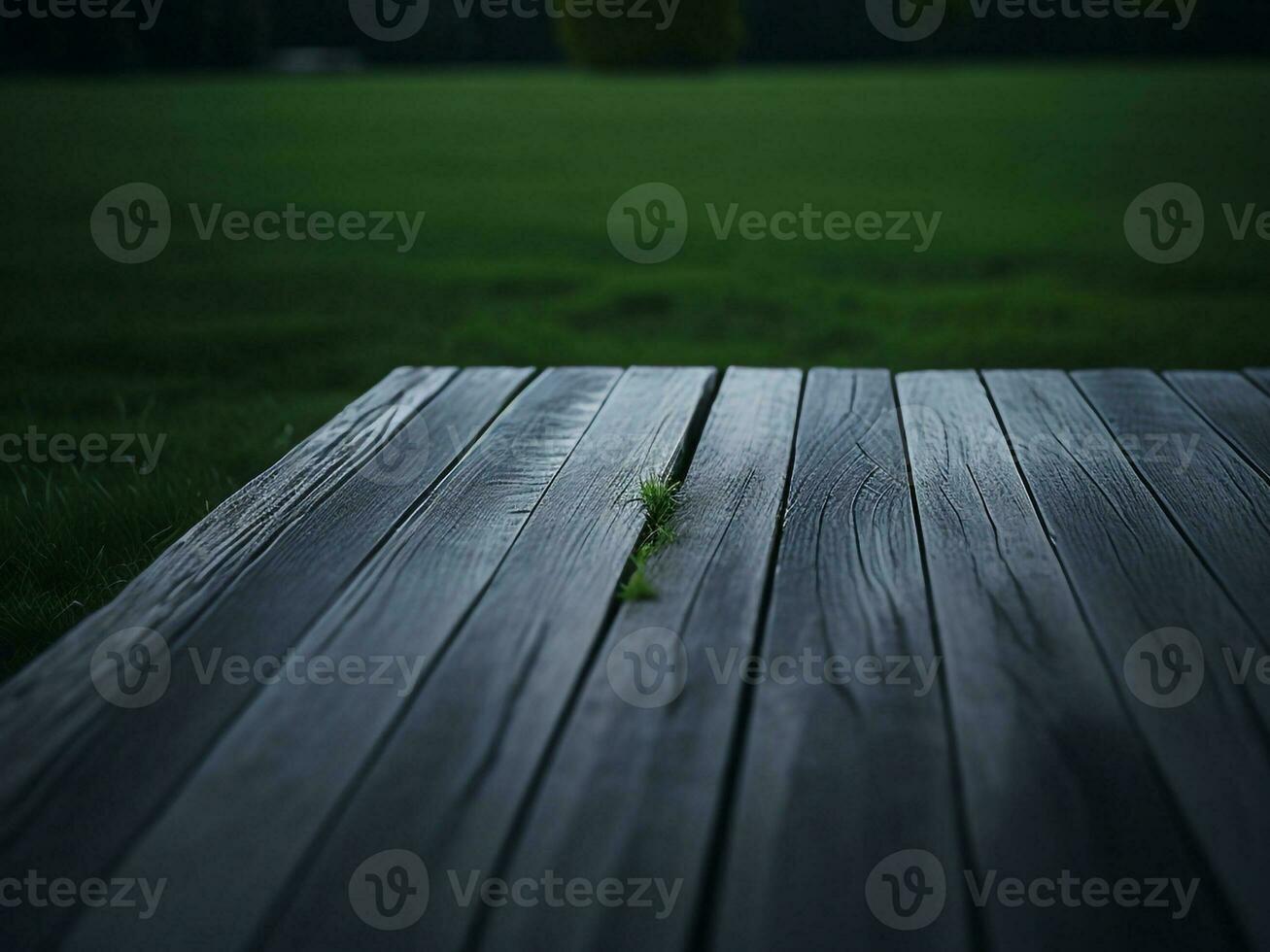 Wooden table and blur tropical green grass background, product display montage. High quality photo 8k FHD AI generated