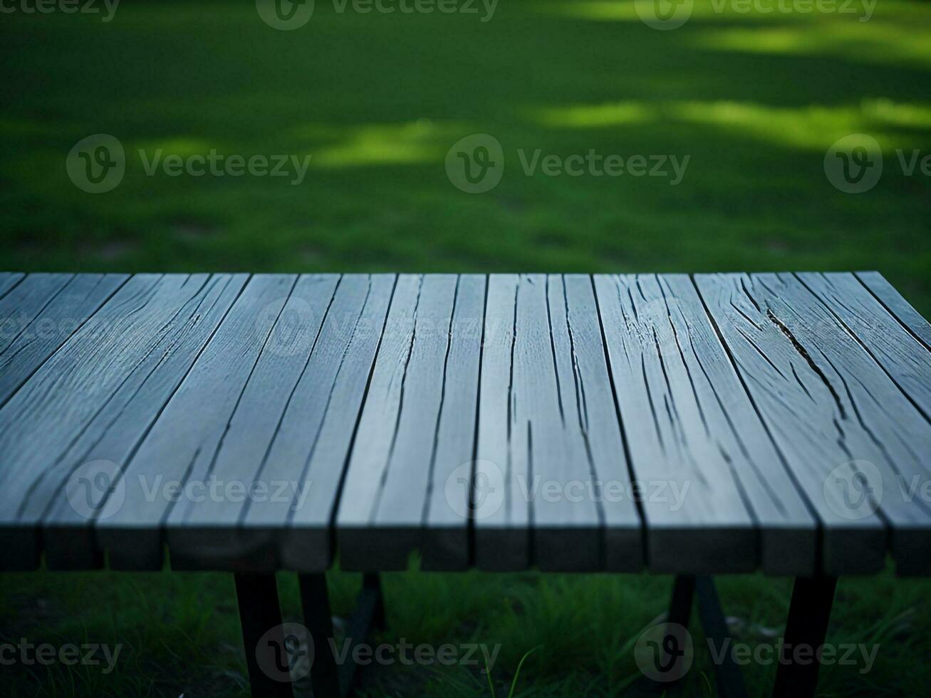 Wooden table and blur tropical green grass background, product display montage. High quality photo 8k FHD AI generated