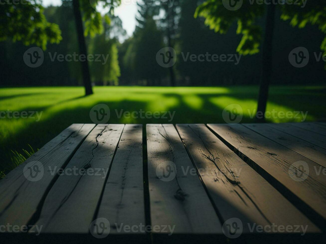 Wooden table and blur tropical green grass background, product display montage. High quality photo 8k FHD AI generated