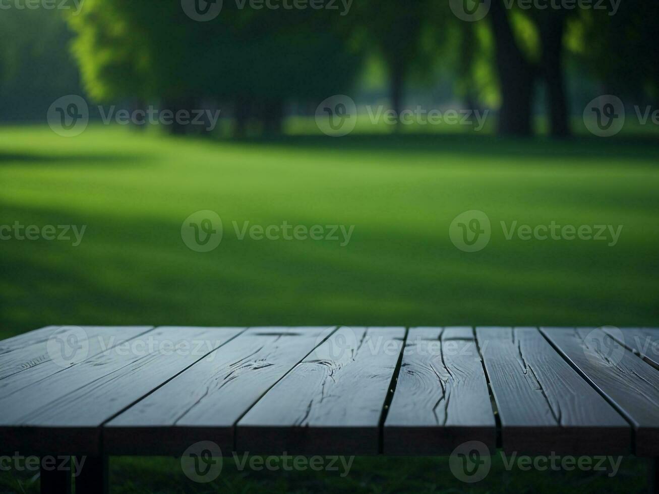 Wooden table and blur tropical green grass background, product display montage. High quality photo 8k FHD AI generated