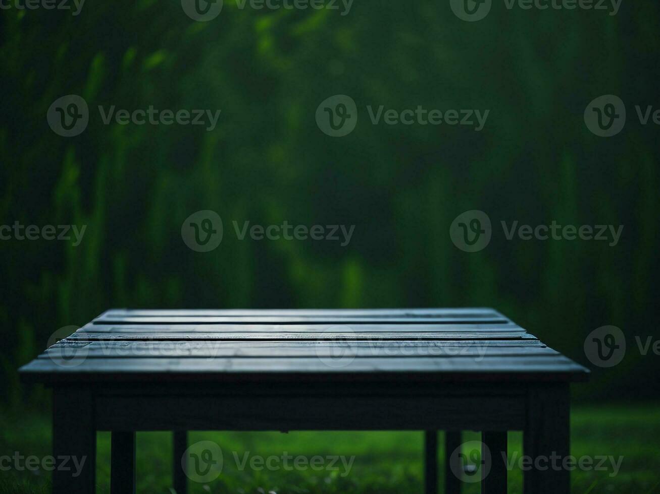 Wooden table and blur tropical green grass background, product display montage. High quality photo 8k FHD AI generated