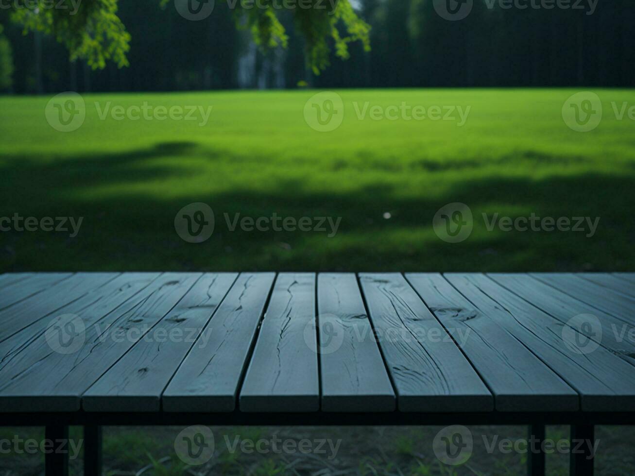 de madera mesa y difuminar tropical verde césped fondo, producto monitor montaje. alto calidad foto 8k fhd ai generado