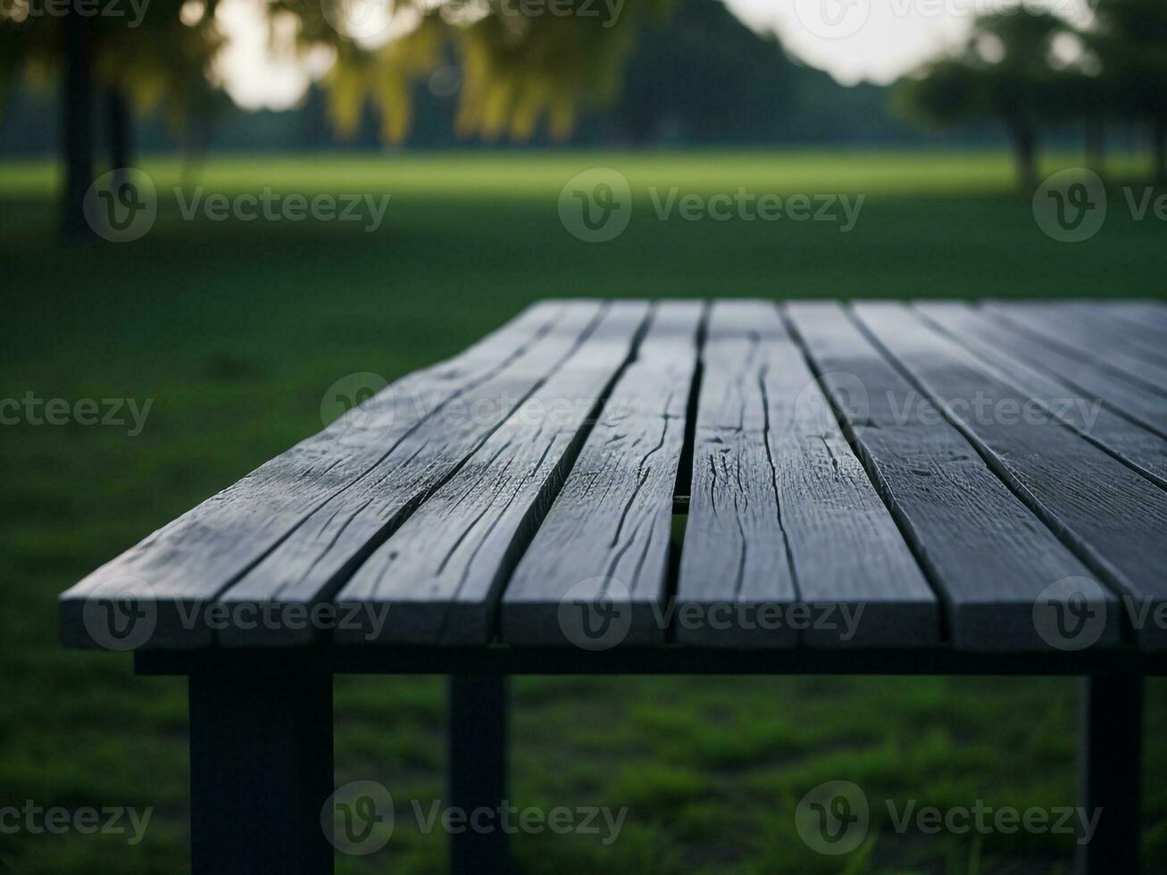 Wooden table and blur tropical green grass background, product display montage. High quality photo 8k FHD AI generated