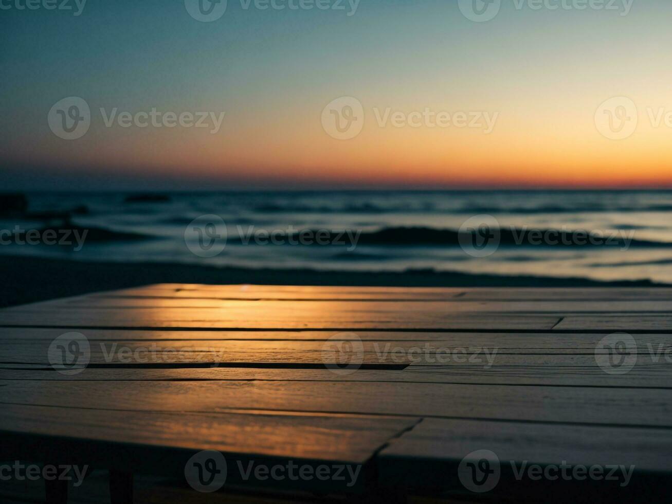 Wooden table and blur tropical beach background, product display montage. High quality photo 8k FHD AI generated