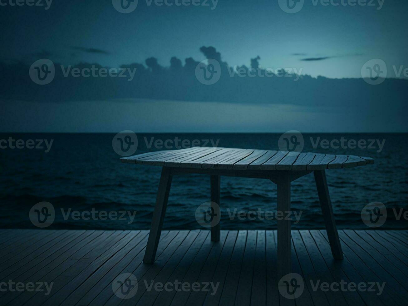 Wooden table and blur tropical beach background, product display montage. High quality photo 8k FHD AI generated