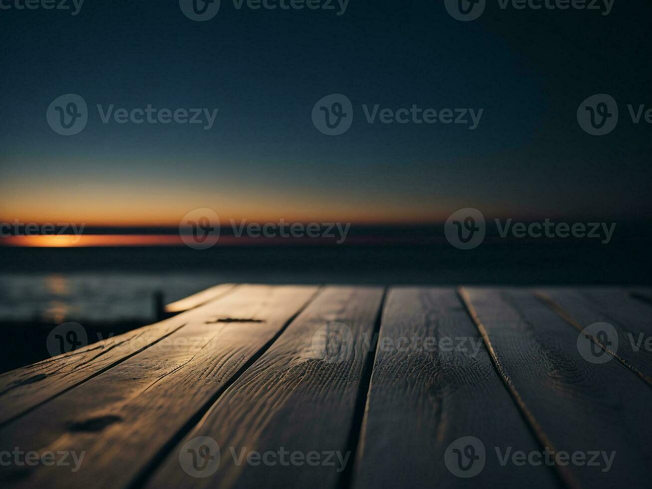 Wooden table and blur tropical beach background, product display montage. High quality photo 8k FHD AI generated