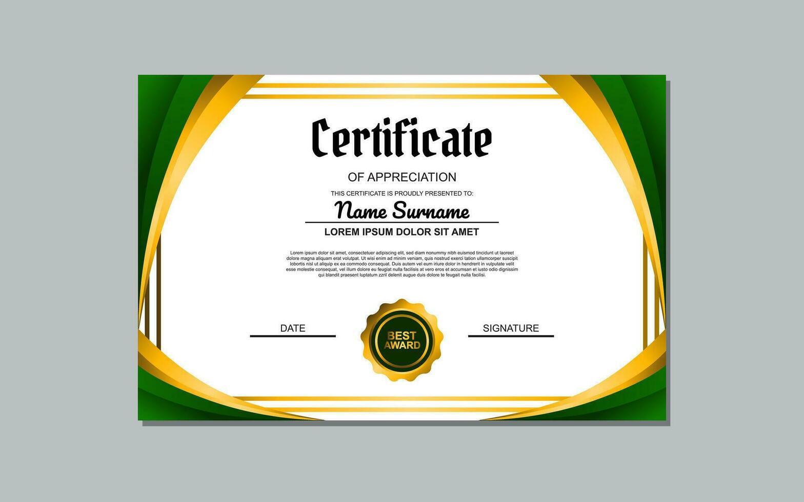 a certificate template with a green and goldwavy design vector