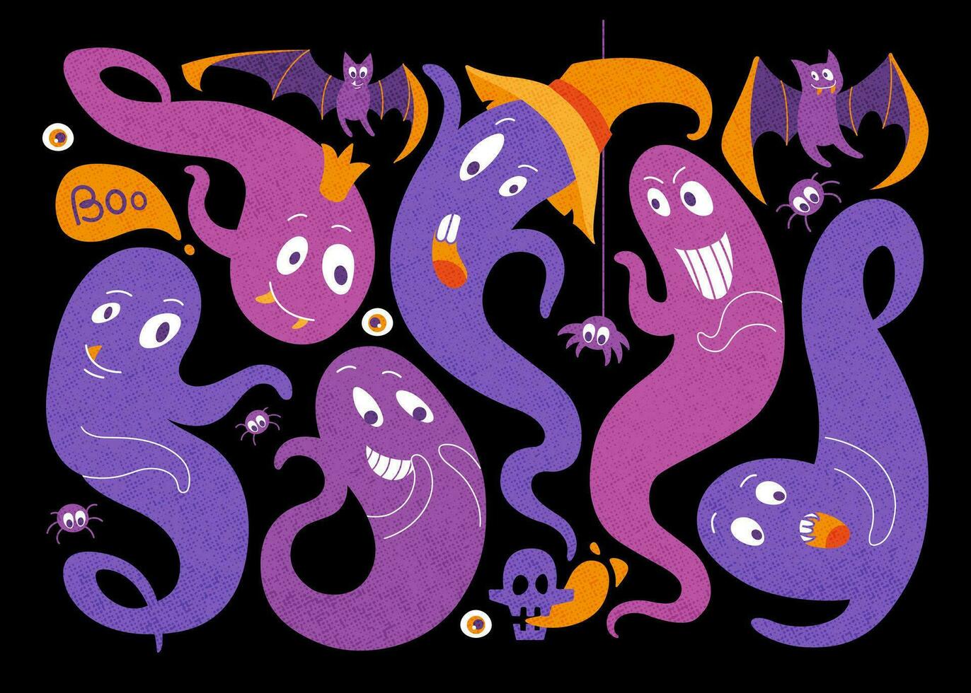 Spooky halloween ghost. Scary ghost characters, fly funny spook, cute smiling scare halloween ghost mascots vector illustration set. Halloween spooky cartoon poltergeist.