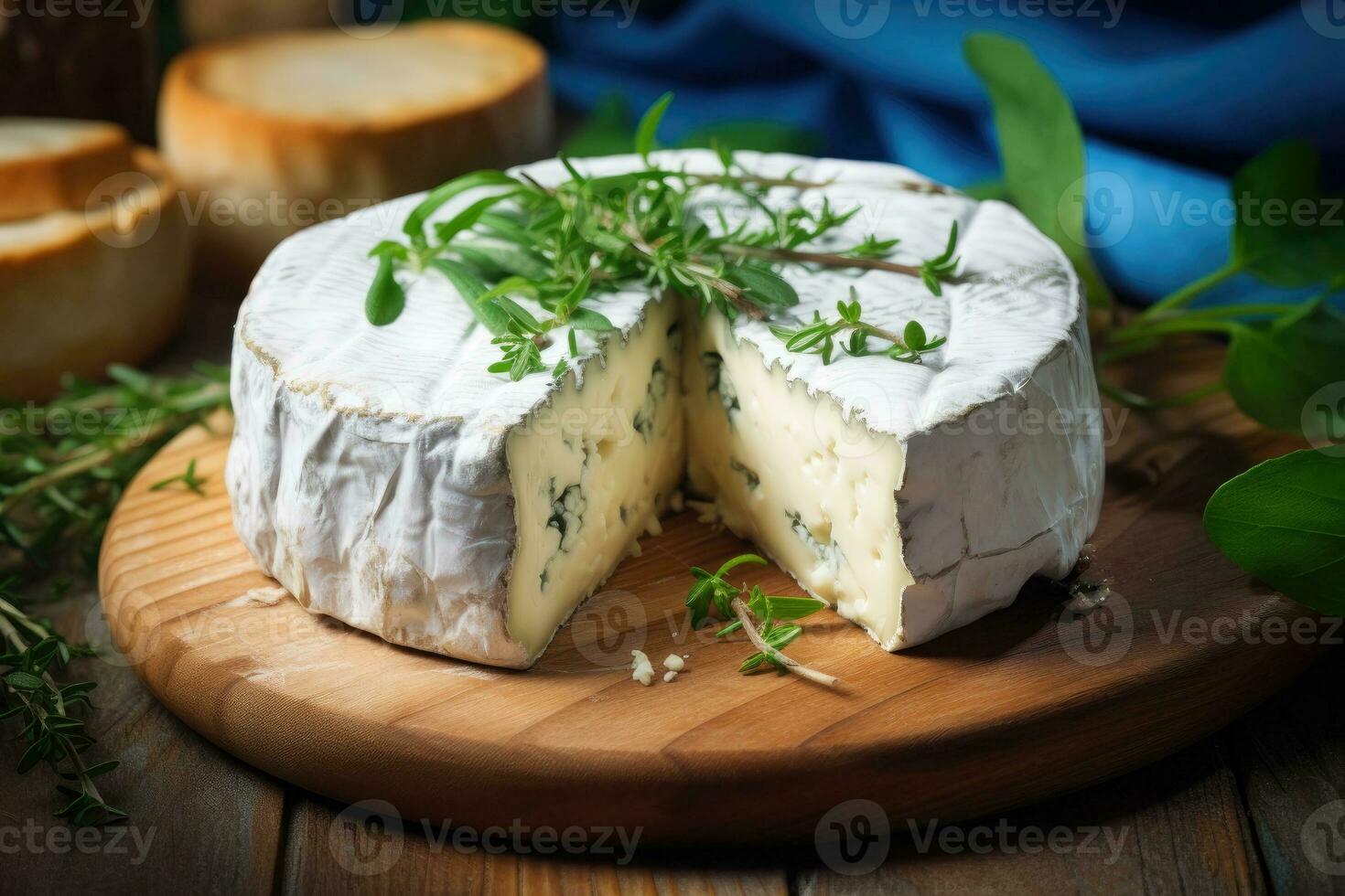 Cheese with mold and herbs on wooden board. photo