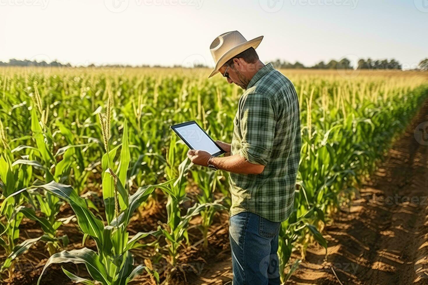 Male farmer using digital tablet while analyzing corn field photo